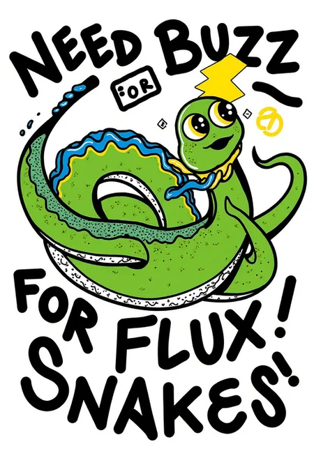 shebaobao. A snake holding a lightning bolt symbol. Caption that reads "Need BUZZ for Flux Snakes!" across top and bottom