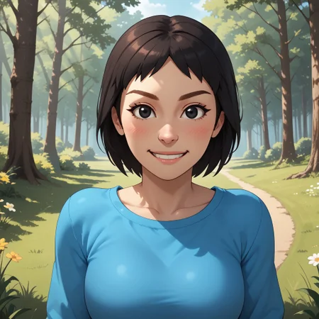score_9, score_8, BREAK, solo, wii, mii, white skin, black hair, black eyes, dot eyes, brown eyebrows, small nose, blush, smile, cyan clothing, white pants, shoes, breasts, 1girl, female mii, wii sports, cute, Rin_(\Wii_Sports\), Nintendo Mii, modern_mii, classic_mii, sexy pose, self portrait, smile, outdoors, sunlight, shadows, evening lighting, natural lighting, forest, trees, grass, orange sky, sunset
