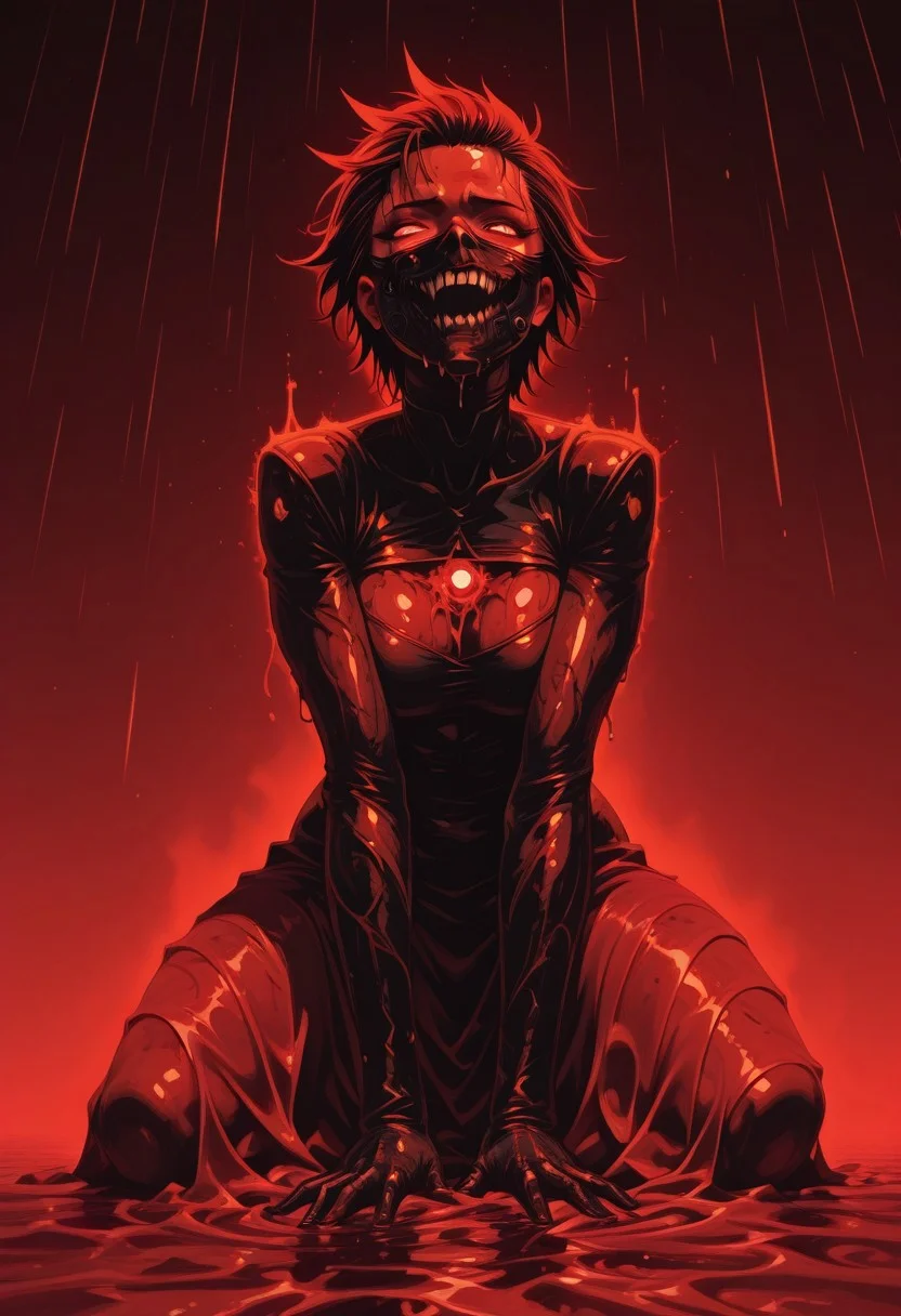 <lora:ck-shadow-circuit-IL:0.78>,
in the style of cksc,(((masterpiece))), best quality, amazing quality, no lineart, femininous, solo, mature, (((insane face mask))), completely wrapped in red sheet, red glowing sheet, holographic sheet. bloodlust, lascivious. seamless melting in background, emerging form red blood, (((bloody rain))), raining blood, dynamic view from top, side perspective, from side.
Hell on earth. devils companion, radical, stark, bold,