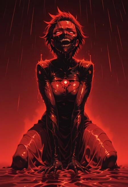 <lora:ck-shadow-circuit-IL:0.78>, 
in the style of cksc,(((masterpiece))), best quality, amazing quality, no lineart, femininous, solo, mature, (((insane face mask))), completely wrapped in red sheet, red glowing sheet, holographic sheet. bloodlust, lascivious. seamless melting in background, emerging form red blood, (((bloody rain))), raining blood, dynamic view from top,  side perspective, from side.
Hell on earth. devils companion, radical, stark, bold,