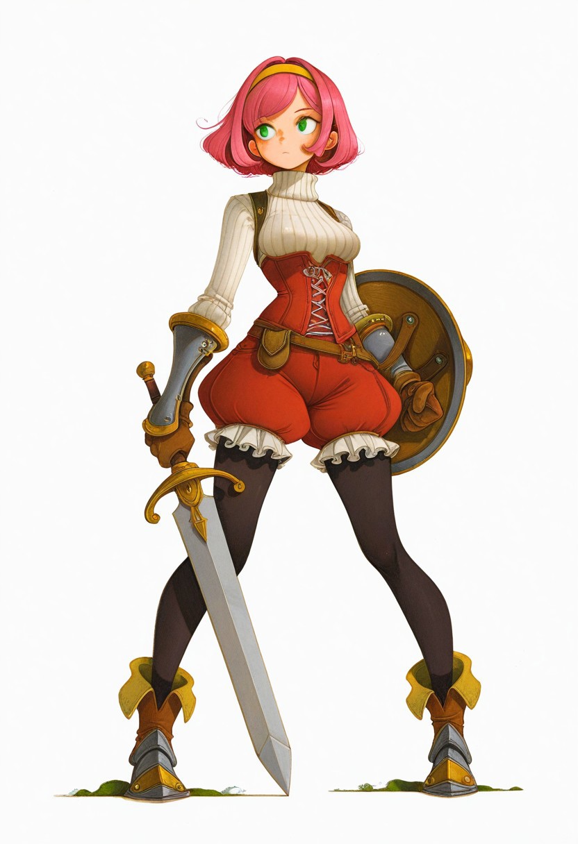 masterpiece, best quality, very aesthetic, absurdres, 
full body, solo, 1girl, claire \(fantasica\), squire, 
green eyes, pink hair, short hair, medium breasts, 
yellow hairband, turtleneck sweater, ribbed sweater, white sweater, red bodice, vambraces, brown gloves, red shorts, puffy shorts, frilled shorts, bloomers, black pantyhose, pantyhose under shorts, ankle boots, armored boots, 
holding sword, arm shield, buckler, 
facing viewer, looking to the side, looking afar, standing, legs apart, closed mouth, clenched hand, 
white background, 
fr-pi-il