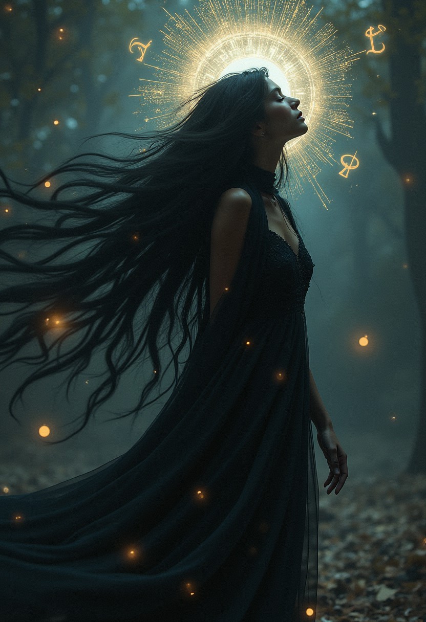 Clairvoyant with long black hair flowing to reveal a visionary spirit, floating magical symbols surround her, enchanting chant sound waves visualized encapsulating her, ancient wisdom aura radiating, shadows leaning into the composition, digital painting, ultra-realistic, dreamy soft focus, ultra fine, dramatic lighting, cinematic quality, reduced saturation.