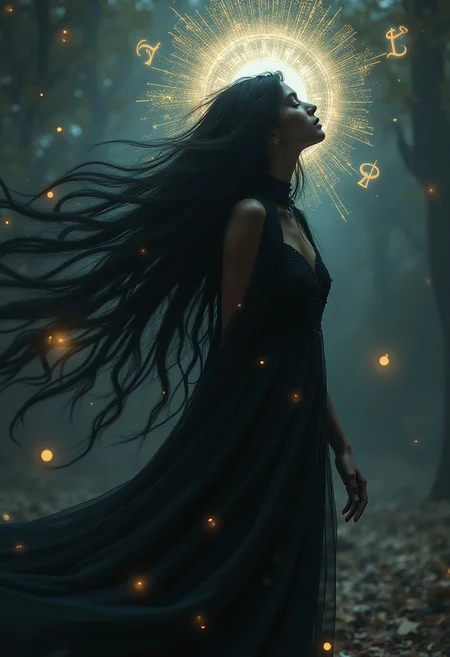 Clairvoyant with long black hair flowing to reveal a visionary spirit, floating magical symbols surround her, enchanting chant sound waves visualized encapsulating her, ancient wisdom aura radiating, shadows leaning into the composition, digital painting, ultra-realistic, dreamy soft focus, ultra fine, dramatic lighting, cinematic quality, reduced saturation.