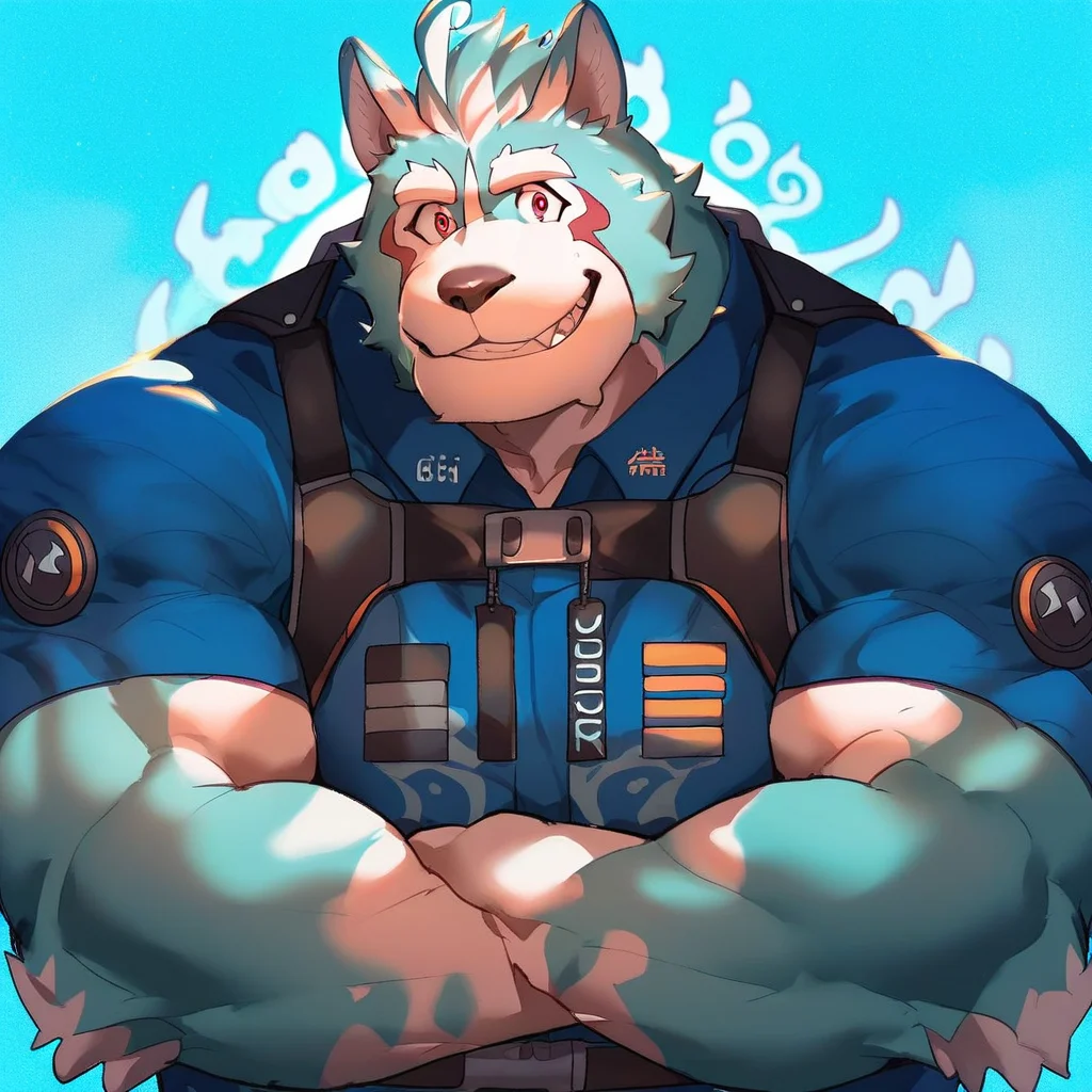 score_9, score_8_up, score_7_up, furry, Oguchi, komainu, blue fur, white fur, curly fur, red markings on chest, cartoon style, 2d, muscular male, huge pecs, solo, upper body focus, blue uniform, arms crossed, smile, looking at viewer, light blue background