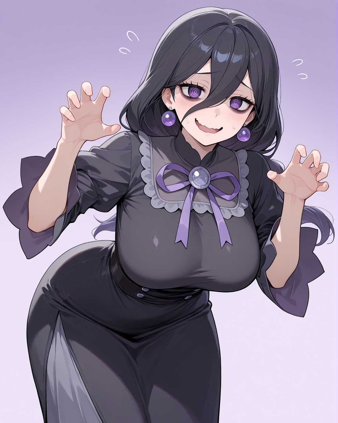 <lora:Hex Maniac ZA - IL V1:0.9> h3xmaniacza, 1girl, long hair, hair between eyes, bangs, black hair, black dress, frills, ribbon, purple eyes, mature female, earrings, bags under eyes, light blush, @_@, looking at viewer, claw pose, nervous smile, wavy mouth, leaning forward, open mouth, (masterpiece:1.4), (best quality:1.4), extremely detailed, highres, official art
