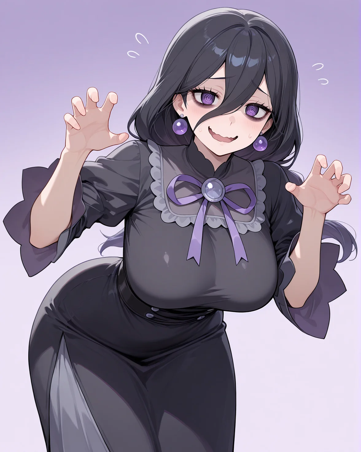 <lora:Hex Maniac ZA - IL V1:0.9> h3xmaniacza, 1girl, long hair, hair between eyes, bangs, black hair, black dress, frills, ribbon, purple eyes, mature female, earrings, bags under eyes, light blush, @_@, looking at viewer, claw pose, nervous smile, wavy mouth, leaning forward, open mouth, (masterpiece:1.4), (best quality:1.4), extremely detailed, highres, official art