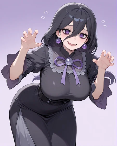 <lora:Hex Maniac ZA - IL V1:0.9> h3xmaniacza, 1girl, long hair, hair between eyes, bangs, black hair, black dress, frills, ribbon, purple eyes, mature female, earrings, bags under eyes, light blush, @_@, looking at viewer, claw pose, nervous smile, wavy mouth, leaning forward, open mouth, (masterpiece:1.4), (best quality:1.4), extremely detailed, highres, official art