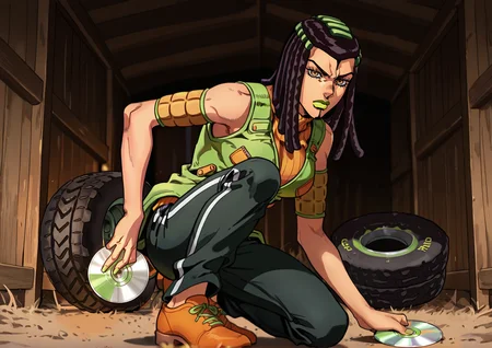 (jojo:0.4), 3rme5, 1girl, ermes costello, solo, dreadlocks, green lipstick, serious expression, sleeveless, orange turtleneck sweater, green jacket, black sports trackpants, orange shoes, full body, \(jojo\), <lora:Jojos_Bizarre_Adventure_Ermes_Costello_-_IL:0.7> in a barn, crouching, large tyre, holding CD, large tyre has lots of cds