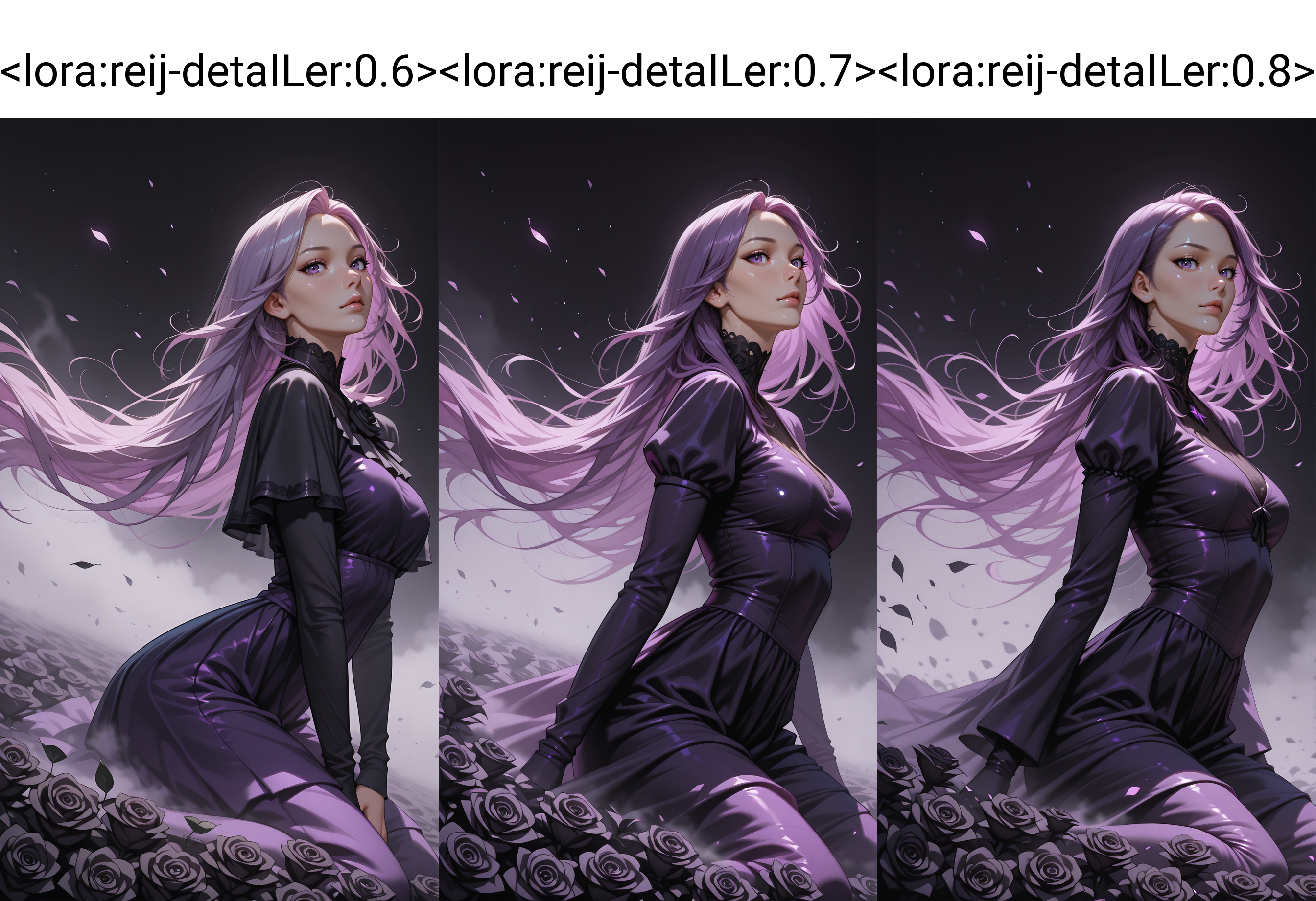 <lora:reij-detaILer:0.6>, sideview, portrait, fujifilm xt, realistic, dynamic angle, masterpiece, best quality, 8k, realistic, beautiful, surrounded by black roses leaves, high-resolution, realistic, portrait, a woman, extreme long hair, elemental, floating, dress is swirling in the wind, black background, black and purple neon grading, ranks, roses, shadows, dynamic, face focus, fog, eyelashes, looking at viewer, hip level shot, magical, kneeling, msysterious,