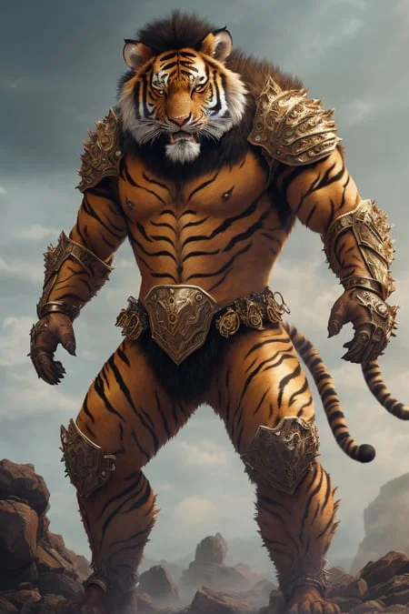 insane detail, standing, full body, painting, realistic lighting, cinematic lighting, real photo, bokeh, detailed face, ((portrait)), masterpiece portrait, detailed face,((realistic)), furry, tiger man, tiger pattern, muscular, muscular man, fans, open mouth, armor, lion, ((mane)), full armor, magma