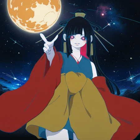 score_9, score_8_up, score_7_up, score_6_up, score_5_up BREAK t1u5, flat color, 1girl, symbol-shaped pupils, long hair, black hair, blue kimono, sleeveless, hair stick, hime cut, hair ornament, colored inner hair, yellow obi, (cowboy shot:1.1), red sleeves, detached sleeves, wide sleeves, pale skin, solo, space, <lora:tukiGirlPDXL16v0.95cametx1-000008:1>