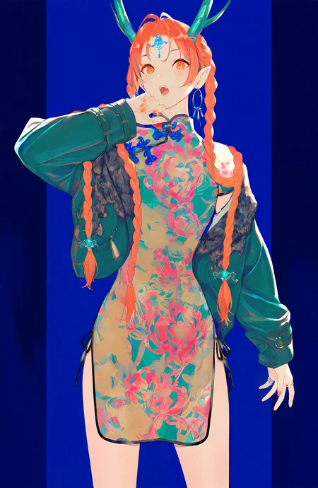 1girl, solo, long_hair, looking_at_viewer, open_mouth, long_sleeves, dress, jewelry, jacket, braid, cowboy_shot, earrings, horns, hand_up, nail_polish, orange_hair, twin_braids, orange_eyes, chinese_clothes, ring, china_dress, hoop_earrings, green_nails