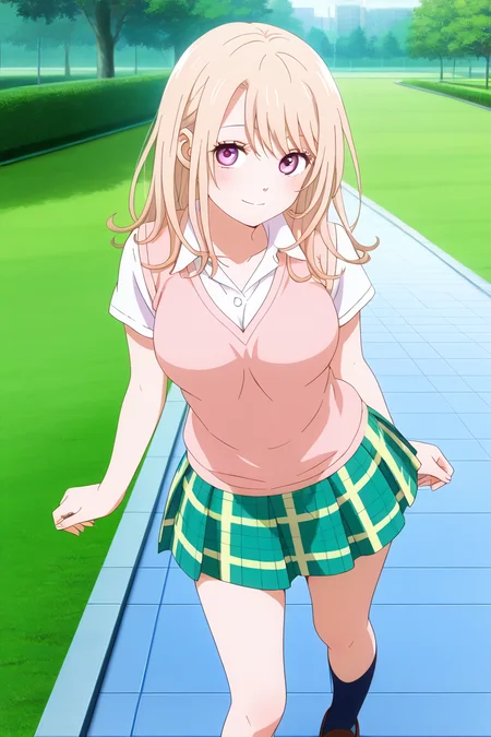 kawai mona, 1girl, long hair, breasts, looking at viewer, smile, skirt, blonde hair, shirt, standing, school uniform, jacket, white shirt, short sleeves, pleated skirt, shoes, socks, miniskirt, purple eyes, plaid, plaid skirt, brown footwear, loafers, sweater vest, grass, park background, contrapposto, alone, blonde hair, <lora:kawai_mona_km_illus:1> <lora:HandFixer_pdxl_Incrs_v1:1>