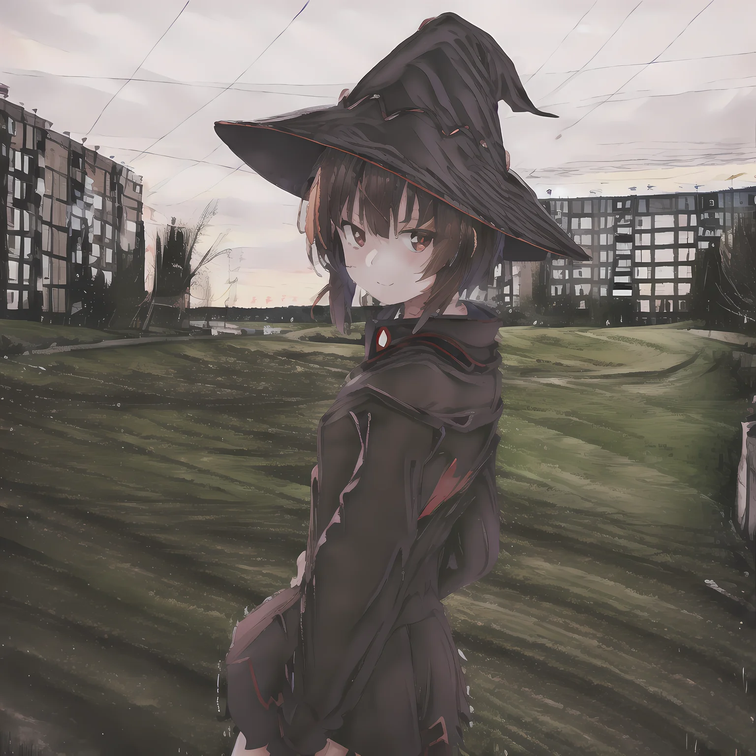 1girl, ebenya, looking at viewer, brown hair, russian city, Megumin_1000, witch hat