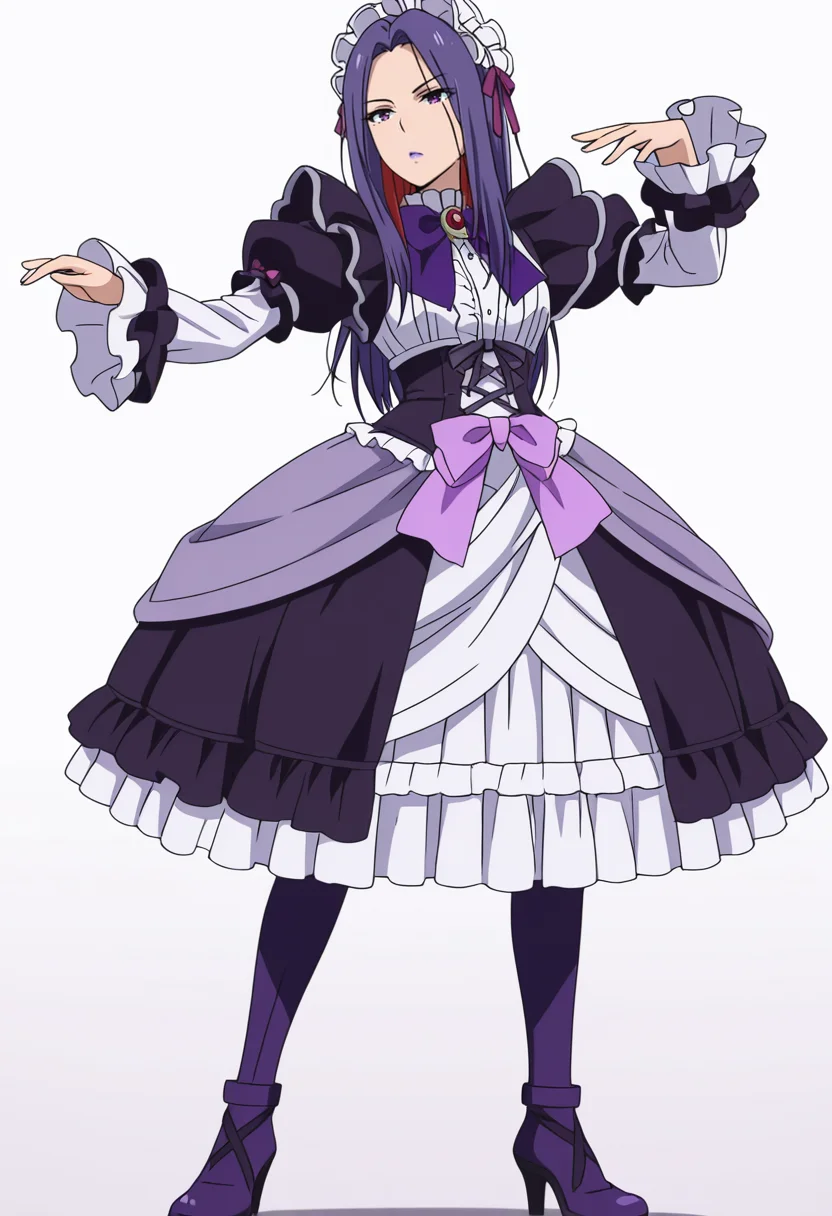 Smooth Quality,masterpiece,very intricate, high quality details, ultra realistic, high detailed skin,detailed enviorement,absurdres,anime screencap,
simple background, white background, dancing, solo
<lora:nagi_CNR:0.8> nagi_cnr, 1girl,purple hair, long hair, purple eyes, purple lips, gothic fashion, frilled dress,maid headdress, long sleeves, puffy sleeves, high heels, purple boots, purple bow,white frills,, stifled laugh,, :/,