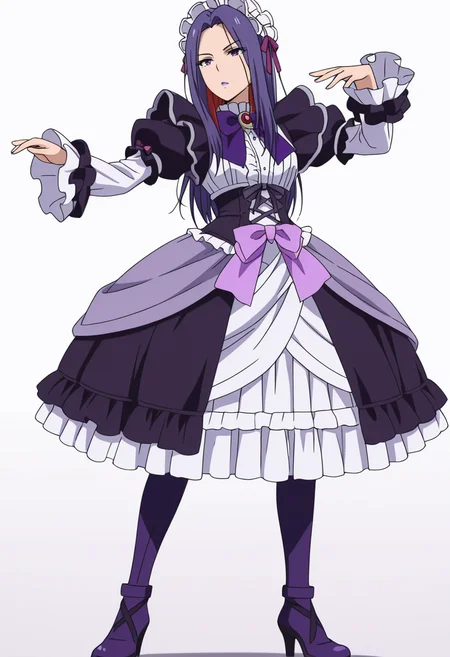 Smooth Quality,masterpiece,very intricate, high quality details, ultra realistic, high detailed skin,detailed enviorement,absurdres,anime screencap, 
simple background, white background, dancing, solo
 <lora:nagi_CNR:0.8> nagi_cnr, 1girl,purple hair, long hair, purple eyes, purple lips, gothic fashion, frilled dress,maid headdress, long sleeves, puffy sleeves, high heels, purple boots, purple bow,white frills,, stifled laugh,, :/,