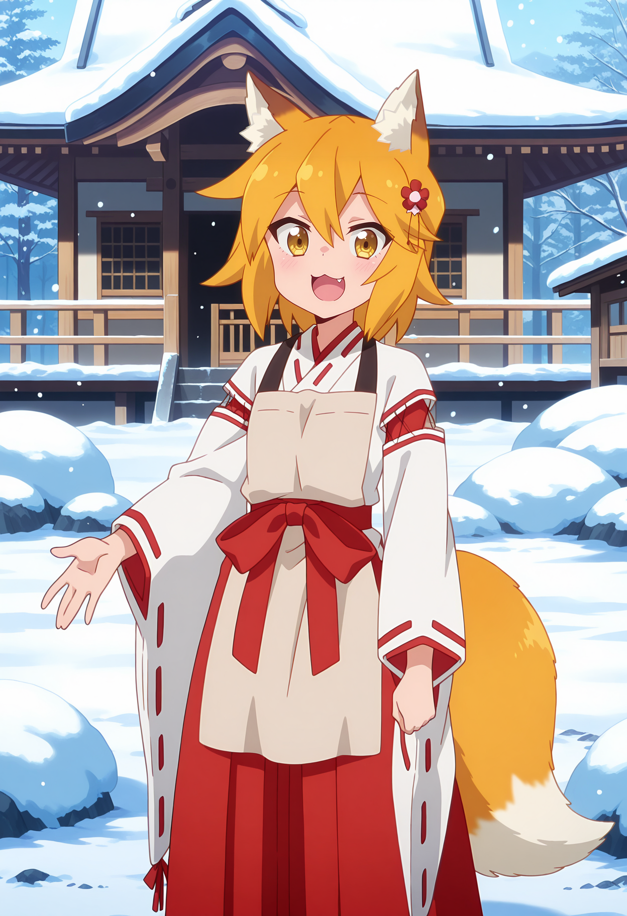 anime screencap, masterpiece, best quality,
<lora:SewayakiKitsune_Senko_IlluXL:0.9>,
1girl, solo, open mouth, smile, :3, fang,
orange hair, short hair, yellow eyes, hair ornament, fox ears, fox tail, 
miko, light brown apron, white kimono, ribbon-trimmed sleeves, red hakama,
standing, looking at viewer, cowboy shot,
outdoors, snow, snowing, building, snow pile