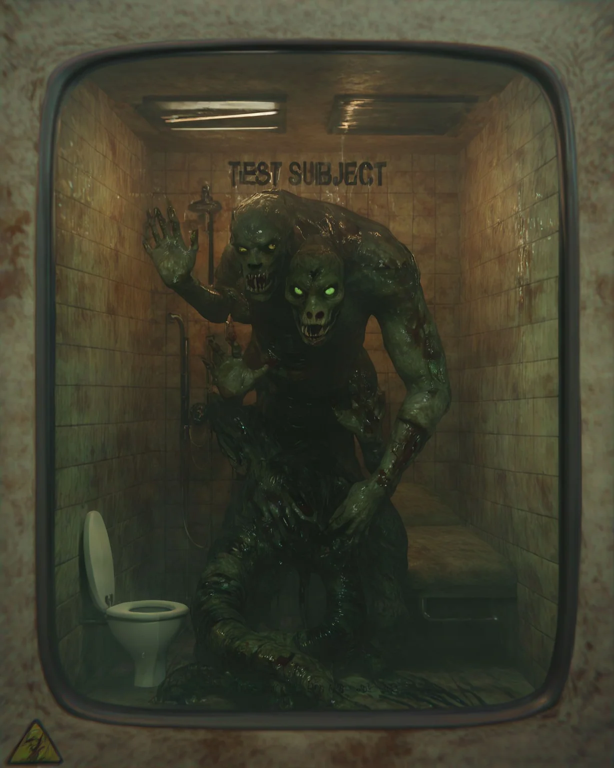<lora:testchamberV2:0.8> testchamber, behind glass with text "TEST SUBJECT", monster, holding cell, bathroom, zombie, horror,, score_9, score_8_up, score_7_up, score_6_up, score_5_up, score_4_up, ponypositive,