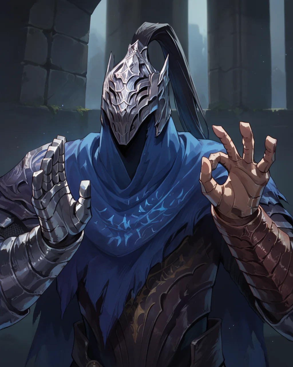 score_9, score_8_up, score_7_up, 1girl, source_anime, 1boy, upper body, Artorias,helmet, armor, glowing, <lora:Artorias:0.8>, <lora:PachaMeme_pdxl_Incrs_v1:1>, pachameme, hands up, ok sign, gauntlets