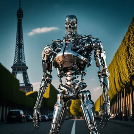T800-1024, robot, full body, standing in postapocalyptic paris, fires, detailed eyes, highly detailed, photography, ultra sharp, film, bokeh, professional, 4k <lora:add-detail-xl:1.5> <lora:T800-1024-000450:0.8>