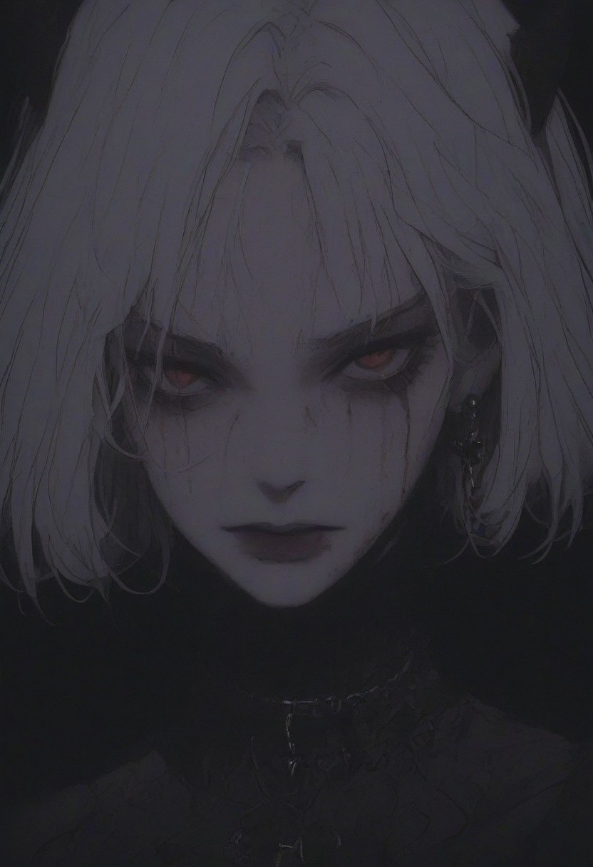 score_9, score_8_up, score_7_up, flat color, blood dripping from mouth, demon girl, demon horns, gthan, gothic, jewelry, red eyes, solo, blood, earrings, cross, 1girl, black background, looking at viewer, portrait, short hair, necklace, blood on face, cross necklace, simple background, spot color, closed mouth, white hair, cross earrings