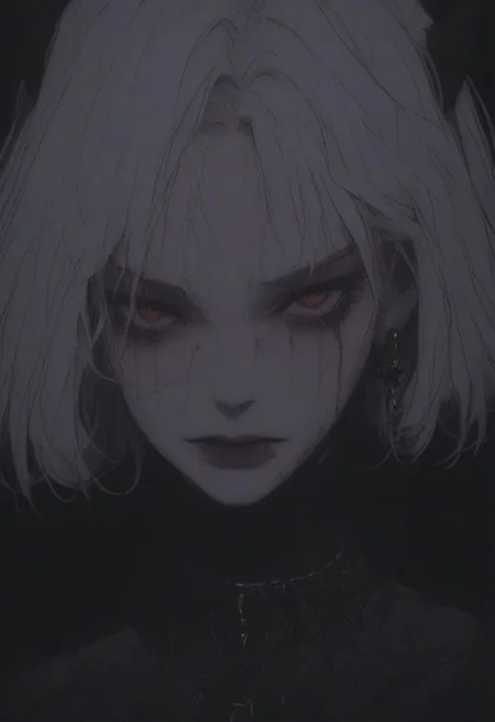 score_9, score_8_up, score_7_up, flat color, blood dripping from mouth, demon girl, demon horns, gthan, gothic, jewelry, red eyes, solo, blood, earrings, cross, 1girl, black background, looking at viewer, portrait, short hair, necklace, blood on face, cross necklace, simple background, spot color, closed mouth, white hair, cross earrings
