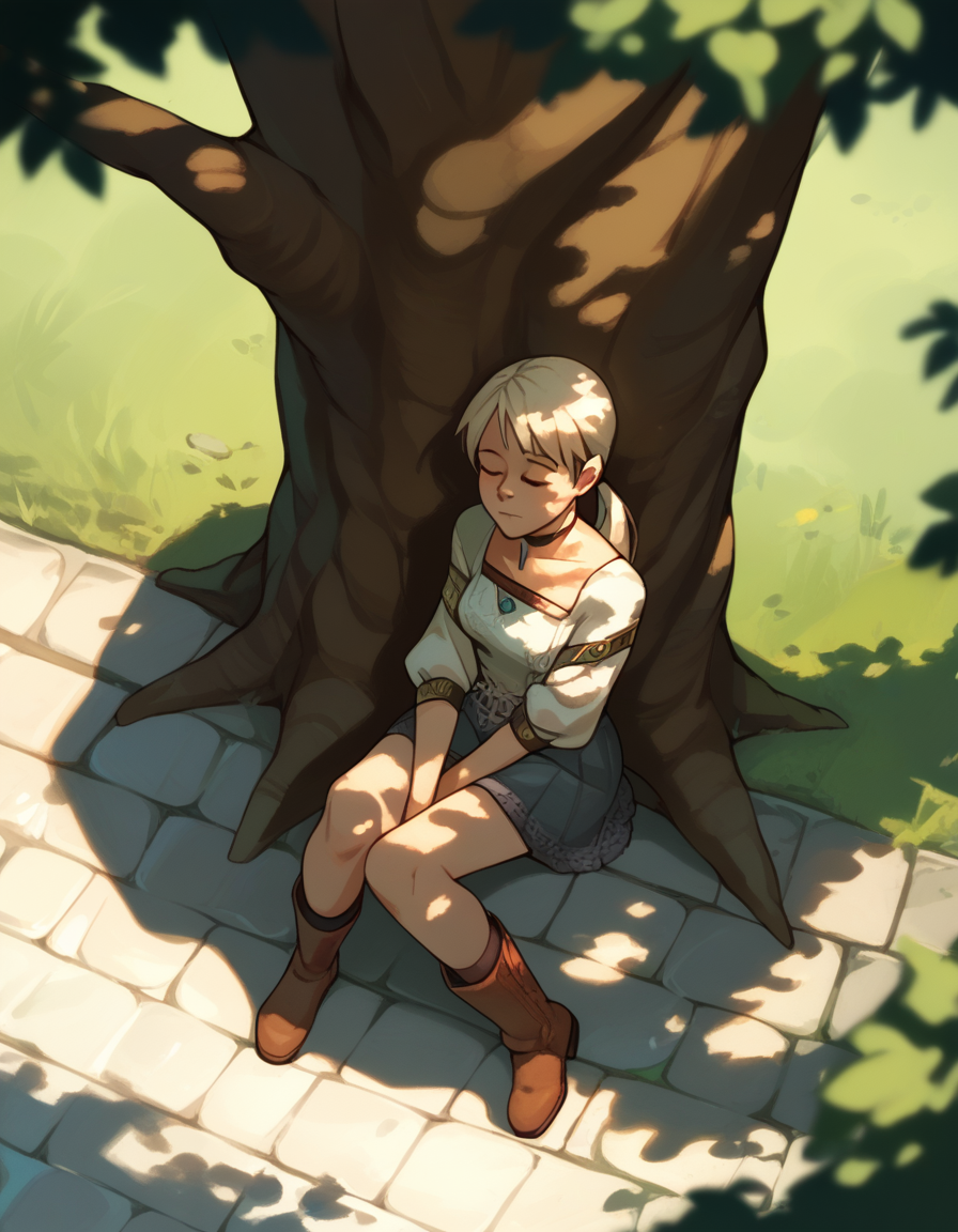 score_9, score_8_up, score_7_up, score_6_up, score_5_up, score_4_up
<lora:fiona-ponyxl:1> 
fiona belli, ponytail, choker, blouse, miniskirt,
1girl, against tree, cobblestone, dappled sunlight, outdoors, sitting, sleeping, sleeping upright, sunlight, tree, yokozuwari