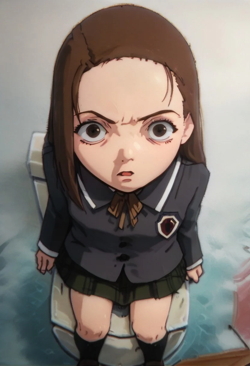 score_9, score_8_up, score_7_up, score_6, source_anime, iwakura mika, ((school uniform)), chibi, sitting on toilet seat, from above fisheye view, looking at viewer, (((lost, confused, dazed, brainwashed, open mouth))), toilets room, toilets background