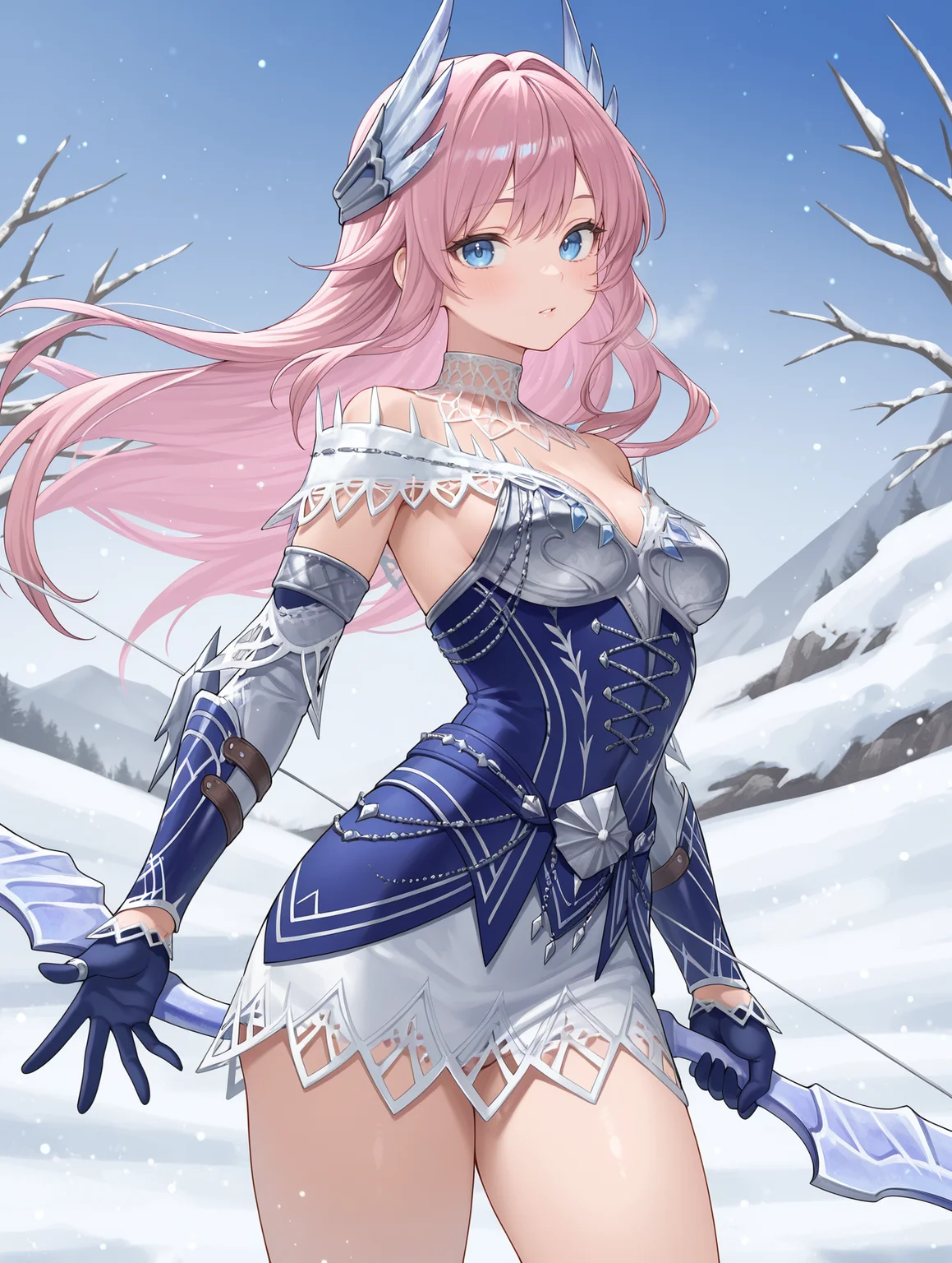 velkhana armor,blue short dress,1girl,solo,long hair,holding bow \(weapon\),bow \(weapon\),silver headgear,pink hair,blue gloves,snow,looking at viewer,
masterpiece,best quality,amazing quality,very aesthetic,absurdres,newest,<lora:Velkhana Armor Beta illuXL v1.1:0.77>,