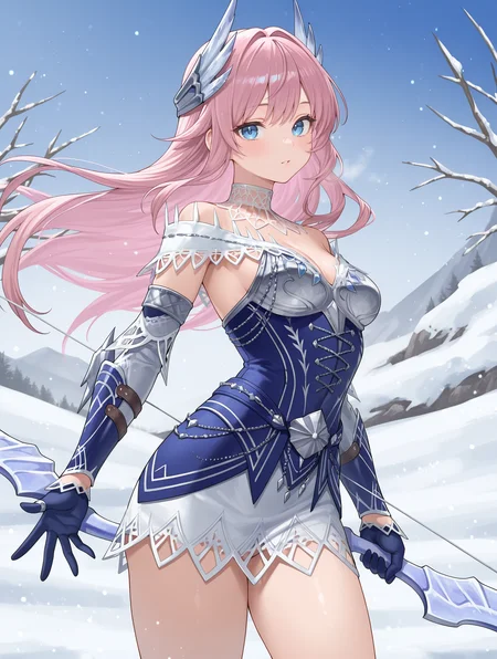 velkhana armor,blue short dress,1girl,solo,long hair,holding bow \(weapon\),bow \(weapon\),silver headgear,pink hair,blue gloves,snow,looking at viewer,
masterpiece,best quality,amazing quality,very aesthetic,absurdres,newest,<lora:Velkhana Armor Beta illuXL v1.1:0.77>,