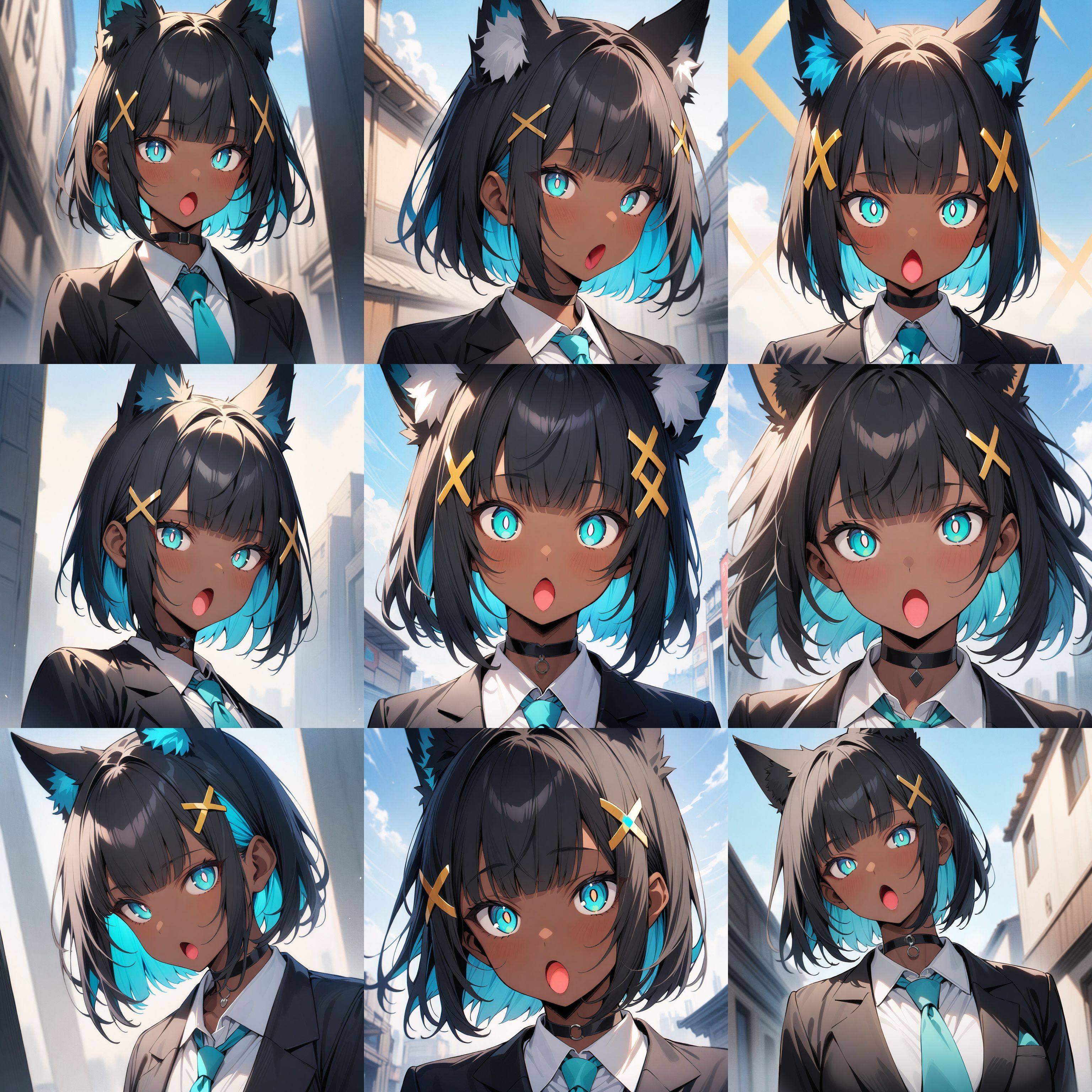 masterpiece,best quality,1girl,dark skin,dark-skinned female,black hair,bangs,blunt bangs,blue inner hair,short hair,yellow x hair ornament,fox ears,white pompom in ears,aqua eyes,white pupils,bright pupils,black choker,(black blazer:1.1),white shirt,aqua tie,sky,detailed background,face focus,<lora:kb_sdxl_o_mouth_lora:2>,