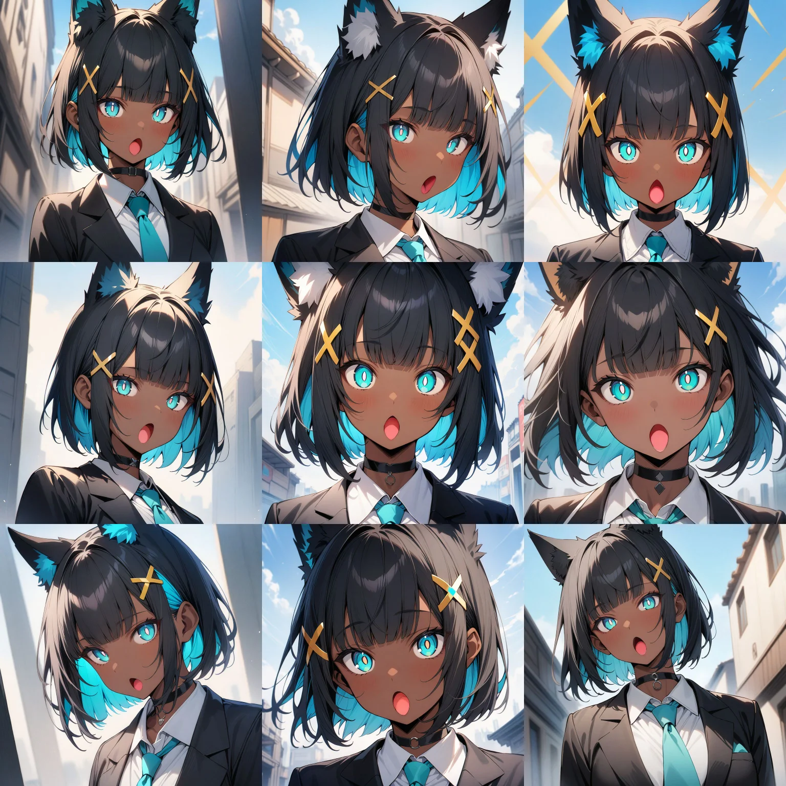 masterpiece,best quality,1girl,dark skin,dark-skinned female,black hair,bangs,blunt bangs,blue inner hair,short hair,yellow x hair ornament,fox ears,white pompom in ears,aqua eyes,white pupils,bright pupils,black choker,(black blazer:1.1),white shirt,aqua tie,sky,detailed background,face focus,<lora:kb_sdxl_o_mouth_lora:2>,