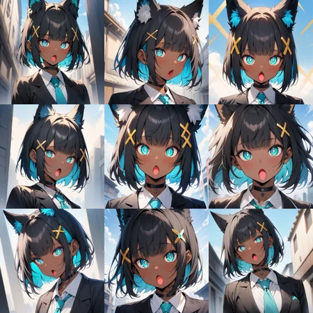 masterpiece,best quality,1girl,dark skin,dark-skinned female,black hair,bangs,blunt bangs,blue inner hair,short hair,yellow x hair ornament,fox ears,white pompom in ears,aqua eyes,white pupils,bright pupils,black choker,(black blazer:1.1),white shirt,aqua tie,sky,detailed background,face focus,<lora:kb_sdxl_o_mouth_lora:2>,