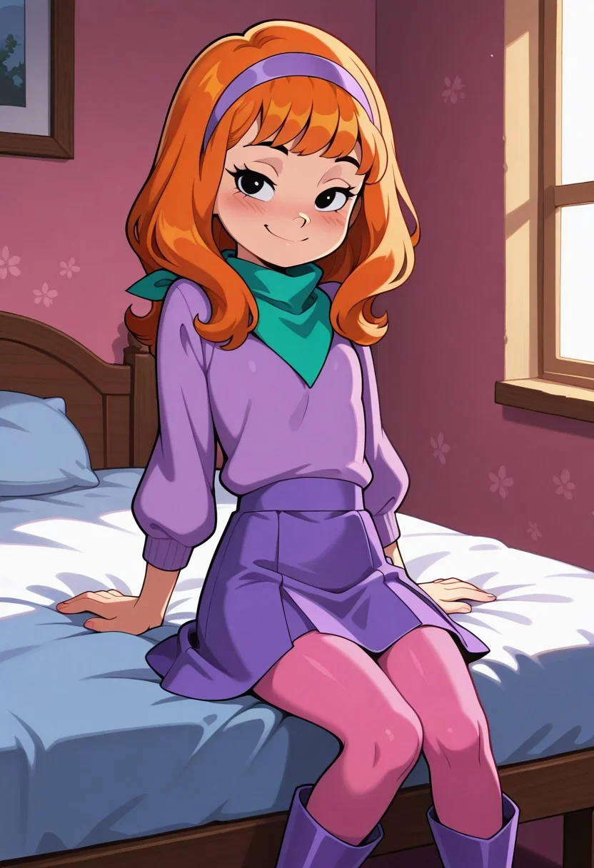 score_9,score_8_up,score_7_up,score_6_up,best quality,masterpiece,
background is bedroom, sunny day, window, bed, pink wallpaper,
((cinematic lighting)), (shading),
BREAK
1girl, solo, Perfect Body, (Perfect Anatomy:1.0), Daphne_Pup, (young), ((cute)), (short),
Orange hair, black eyes, lavender sweater, lime green neckerchief, lavender hairband, lavender skirt, pink tights, purple boots,
sitting on bed, leaning back, looking at viewer, coy smile, seductive, teasing, flirting,