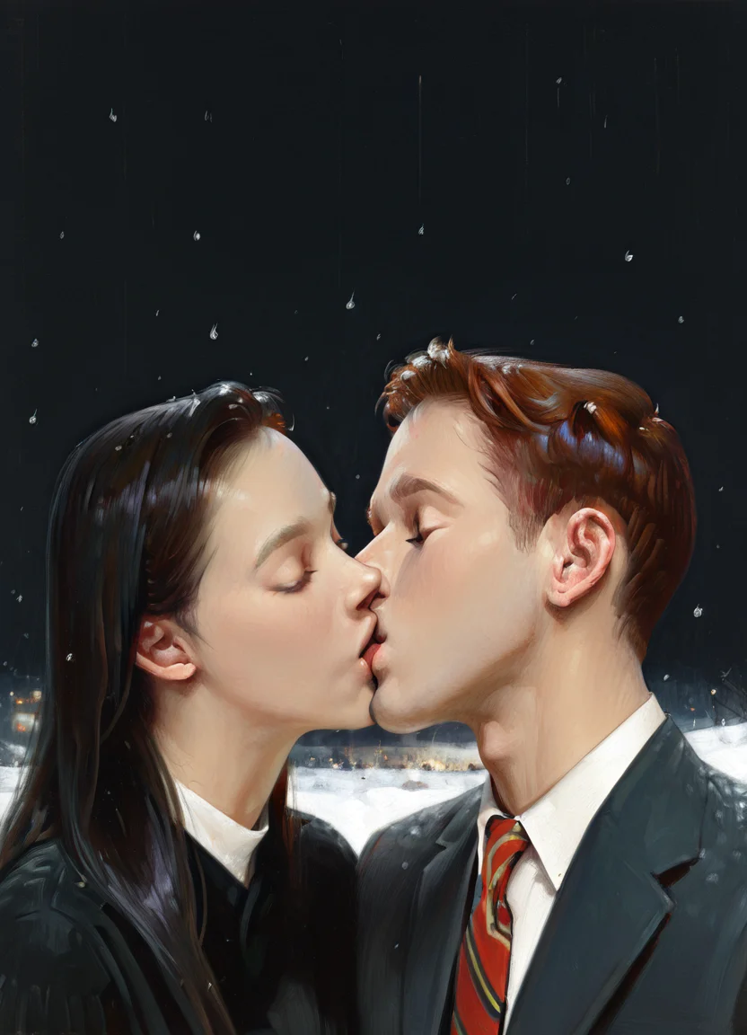 masterpiece, best quality, amazing quality, very aesthetic, absurdres, realistic, photorealistic, norman rockwell, simple background, black background, snow, night, 1girl, 1boy, kiss, long hair, (black hair:1.1), short hair, closed eyes, (black dress, black suit:0.8), red necktie, white undershirt, snowing, (red nail polish:0.65), (close-up:1.1)