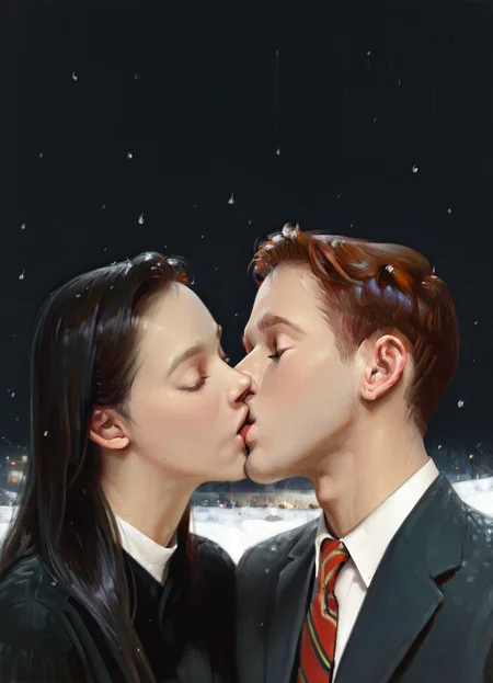 masterpiece, best quality, amazing quality, very aesthetic, absurdres, realistic, photorealistic, norman rockwell, simple background, black background, snow, night, 1girl, 1boy, kiss, long hair, (black hair:1.1), short hair, closed eyes, (black dress, black suit:0.8), red necktie, white undershirt, snowing, (red nail polish:0.65), (close-up:1.1)