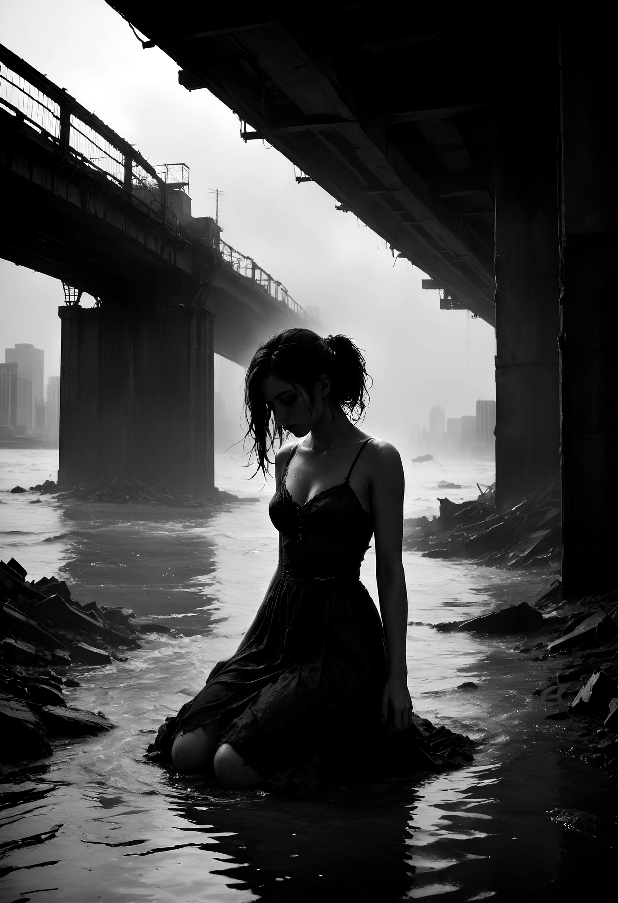 You leapt from crumbling bridges watching cityscapes turn to dust
Filming helicopters crashing in the ocean from way above
Got the music in you baby, tell me why
Got the music in you baby, tell me why
You've been locked in here forever and you just can't say goodbye
Kisses on the foreheads of the lovers wrapped in your arms
You've been hiding them in hollowed out pianos left in the dark
Got the music in you baby, tell me why
Got the music in you baby, tell me why
You've been locked in here forever and you just can't say goodbye
Your lips, my lips, apocalypse
Your lips, my lips, apocalypse
Go and sneak us through the rivers, flood is rising up on your knees, oh please
Come out and haunt me, I know you want me
Come out and haunt me
Sharing all your secrets with each other since you were kids
Sleeping soundly with the locket that she gave you clutched in your fist
Got the music in you baby, tell me why
Got the music in you baby, tell me why
You've been locked in here forever and you just can't say goodbye
You've been locked in here forever and you just can't say goodbye
Ooh-oh, when you're all alone, I will reach for you
When you're feeling low, I will be there, too <lora:zavy-cntrst-sdxl:0.8> dark, chiaroscuro, low-key <lora:SDXLFaeTastic2400:0.5>