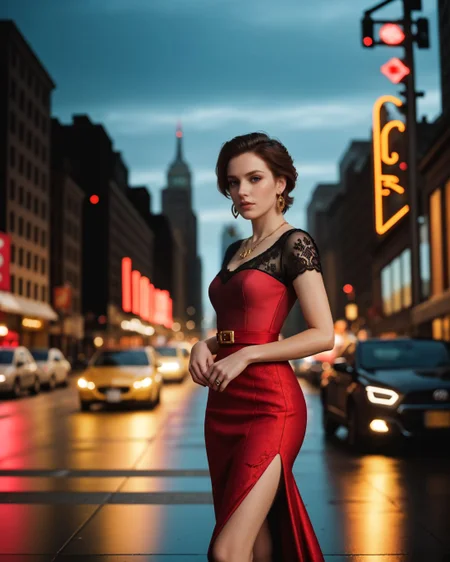 (style of [mario testino|annie leibovitz]:1.4), XD-Scene  Style-DoF, (style of Peter Lindbergh), woman, upper body, face, dressed in a couture gown, deep red, intricate lace, luxurious fabric, gold embroidery, baroque-inspired patterns, the gown hugs her silhouette, dramatic, elegant, regal, model's expression confident, intense gaze, hair styled in a tousled updo, bold red lipstick, flawless makeup, golden jewelry, necklace, earrings, exuding sophistication, poised, powerful, New York City, street scene, evening, blurred background, vibrant city lights, bustling atmosphere, the contrast between high fashion and the urban setting, neon signs, wet pavement reflecting lights, creating a cinematic effect, slight bokeh, capturing the energy of the city, blending luxury with street style, visual storytelling, modern couture, timeless elegance, the model stands out amidst the urban chaos, commanding attention, a perfect blend of glamour and grit, high-end fashion editorial, capturing the essence of New York's vibrant nightlife, bold, alluring, captivating <lora:kodak_ektar:0.8>