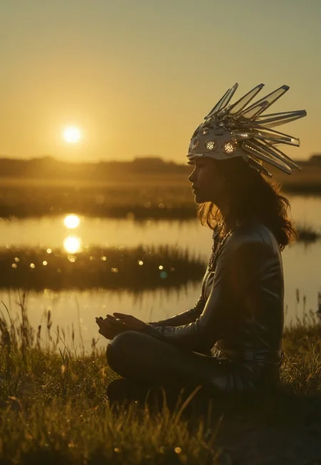 carcosa city style, A beautiful Lake, a Woman with automaton helmet sitting in high Grass, infront of the atmospheric sunrise, a Flock of birds, crepuscular rays, volumetric lighting, ultra detailed, deep Blacks, very detailed, atmospheric haze, Film grain, cinematic film still, shallow depth of field, highly detailed, high budget, cinemascope, moody, epic, OverallDetail, 2000s vintage RAW photo, photorealistic, candid camera, color graded cinematic, eye catchlights, atmospheric lighting, imperfections, natural, shallow dof