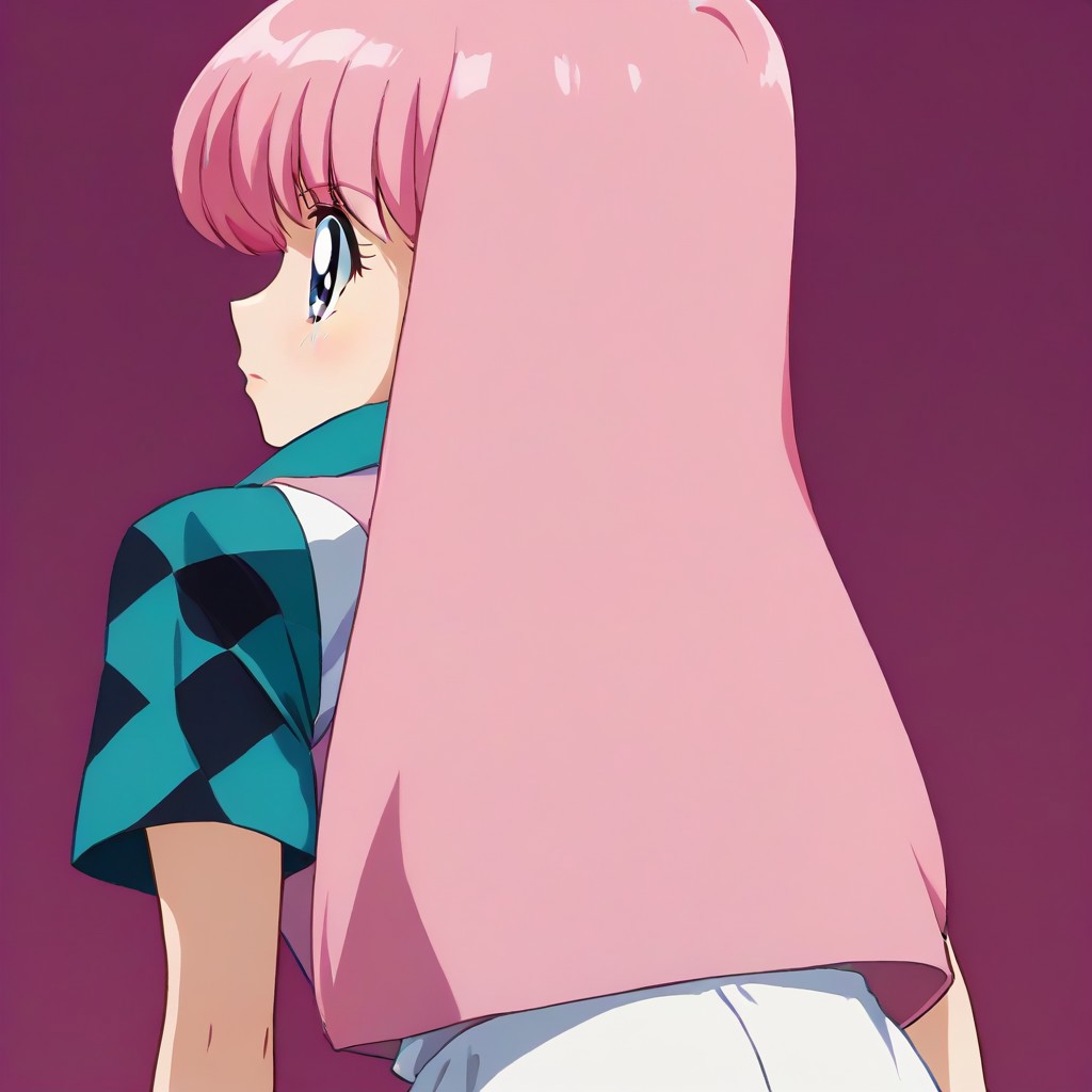 Nakajima Noriko, pink hair with bangs, blue eye, wearing a pink vest over a blue-green checkered shirt, white shorts,,