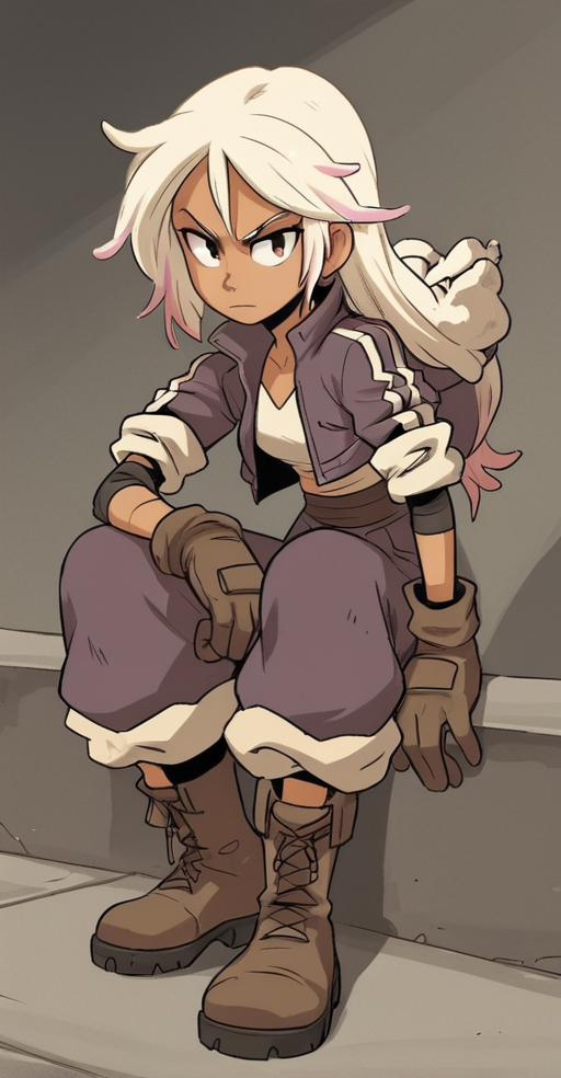 score_9, 1girl, blonde hair, white hair, multicolored hair, long hair, jacket, brown gloves, boots, dark skin, dark-skinned female, looking at viewer, <lora:Dee_Diesel:1>