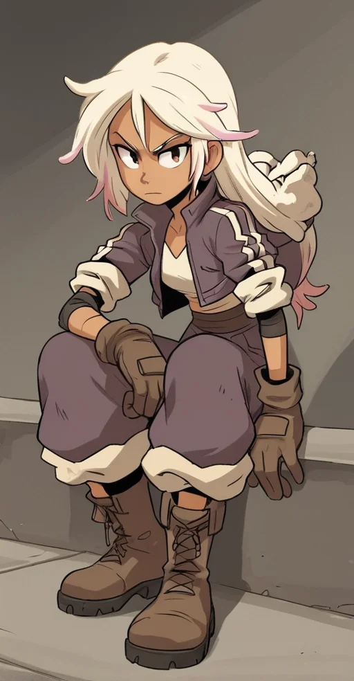 score_9, 1girl, blonde hair, white hair, multicolored hair, long hair, jacket, brown gloves, boots, dark skin, dark-skinned female, looking at viewer, <lora:Dee_Diesel:1>