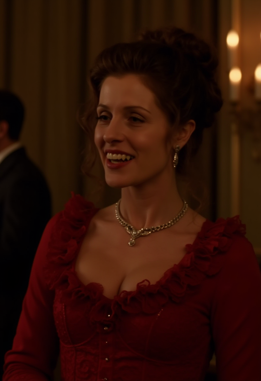 cinematic medium shot of a vampire woman in an 1800s ball room, smiling showin fangs, opulent red ball gown with embroidery, silver jewelry, curly hair done up in bun, at night in soft warm candle candle light, photorealistic <lora:iwtv_flux_1_0:1>