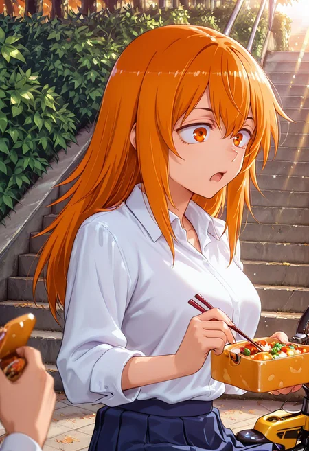 1girl, solo, masterpiece, best quality, newest, absurdres, CG, anime, source anime, illustration, very aesthetic, high resolution, ultra-detailed, newest, scenery, medium depth of field, rule of thirds, masterpiece-level, clean lines, 
BREAK 1girl, ((solo)), (solo focus:1.25), Gamou_Maki, orange_eyes, orange_hair, long_hair, hair_between_eyes, medium_breasts
 school_uniform, white_shirt, collared_shirt, pleated_skirt, blue_skirt, sleeves_rolled_up
sitting, eating bento, open mouth, holding chopsticks, closeup, upper body, dynamic pose
outdoors, stairs, bushes,hydrant, parked bicycle,  from both sides
cinematic angle, various angles, detailed background, beautiful background, (rays light:1.0),(grow:1.0) mystical, luminism, vibrant colors, light particles