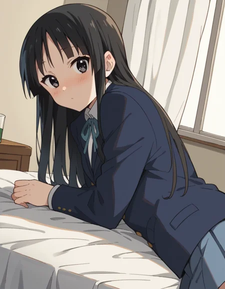 score_9, score_8_up, score_7_up, source_anime,
mioakiyama, <lora:mio-akiyama-s2-ponyxl-lora-nochekaiser:1>,
mio akiyama, long hair, bangs, black hair, black eyes, hime cut,
sakuragaoka high school uniform, school uniform, uniform, blazer, shirt, white shirt, collared shirt, skirt, pleated skirt,
indoors, bed, bed room, on side, blush, drunk,
looking at viewer, cowboy shot, dutch angle, solo,