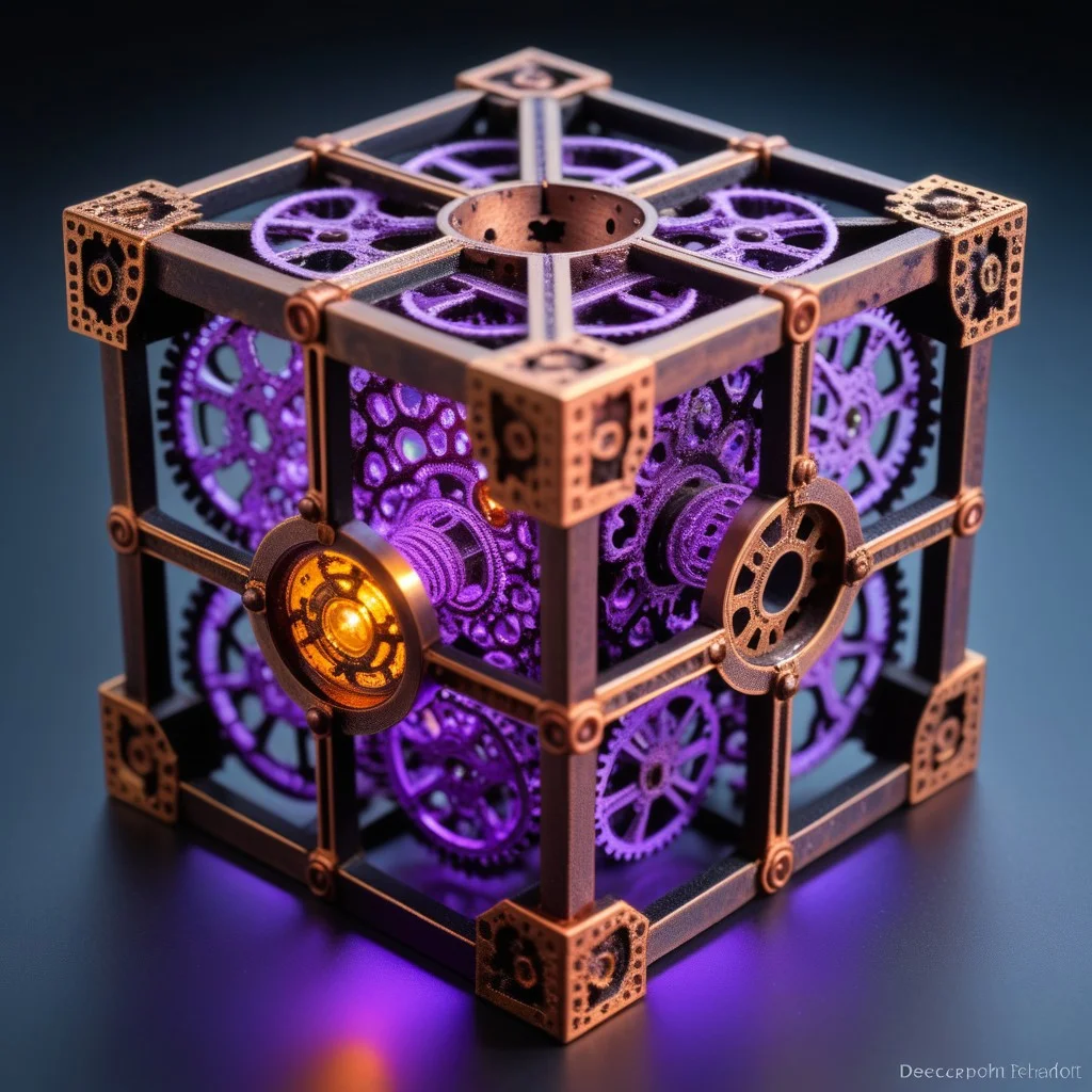 corroded cast iron termite hill cross_section menger cube, topaz, Mandelbrot set, tesseract time machines, steel and copper wiring, dodecahedron, glowing purple gears, spherical mechanism