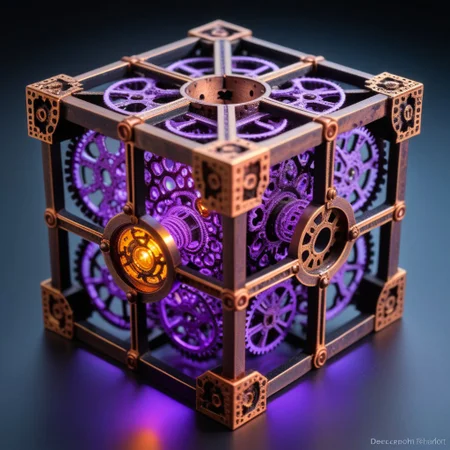 corroded cast iron termite hill cross_section menger cube, topaz, Mandelbrot set, tesseract time machines, steel and copper wiring, dodecahedron, glowing purple gears, spherical mechanism