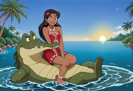 Tick tock crocodile,male animal focus, crocodile open large mouth ,green skin, blue eyes, Tick Tock the crocodile is giant and very huge size,teeth, swimming in water,partially submerged,Tick Tock the crocodile looking at a young Choi mochimazzi who she is sitting on a rock. choim, Kairi ,long hair, black hair, dark-skinned female, tropical,blue eyes,red flowers hair, blue native long_dress, jewelry, dark skin,smile,laught,necklace_pearl, bracelet, red tribal tattoo,wristband,anklet, barefoot,open mouth,river,palm trees, jungle tropical, Disney, anime,manga