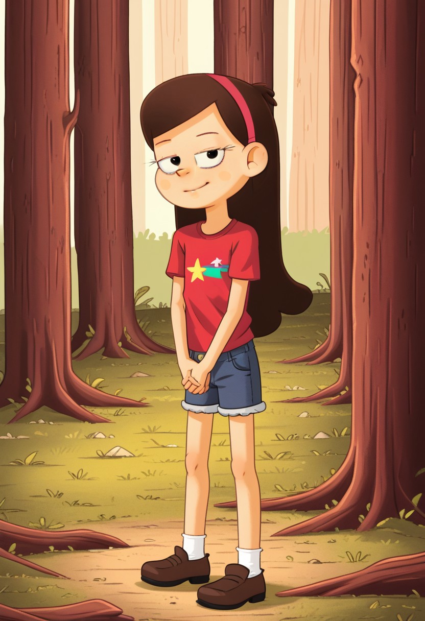 Well drawn, bold outline,
2d, vector, line, detailed, perfect hands,
gravity falls, mabel pines,
Long hair, brown hair, pink hairband, 
Shorty, skinny, undersized, thin, petite, flat chested, 
Half closed eyes,
brown eyes, eyelashes, snake eyes. 
Fit brawny body,
Muscular, 
denim shorts, red shirt, brown footwear, white socks, 
forest,