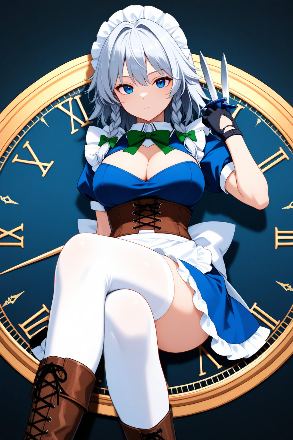 izayoi sakuya, touhou, 1girl, adapted costume, apron, back bow, between fingers, black gloves, blue eyes, boots, bow, braid, breasts, brown boots, cleavage, cleavage cutout, closed mouth, clothing cutout, corset, crossed legs, glove cutout, gloves, green bow, grey hair, hair bow, holding, holding knife, knife, knives between fingers, lace-up boots, large breasts, long hair, looking at viewer, maid, maid headdress, roman numeral, solo, thighhighs, twin braids, waist apron, white apron, white bow, white thighhighs, masterpiece, best quality, amazing quality, very aesthetic, absurdres